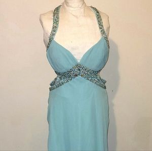 May Queen Embellished Open Back Mint Gown.